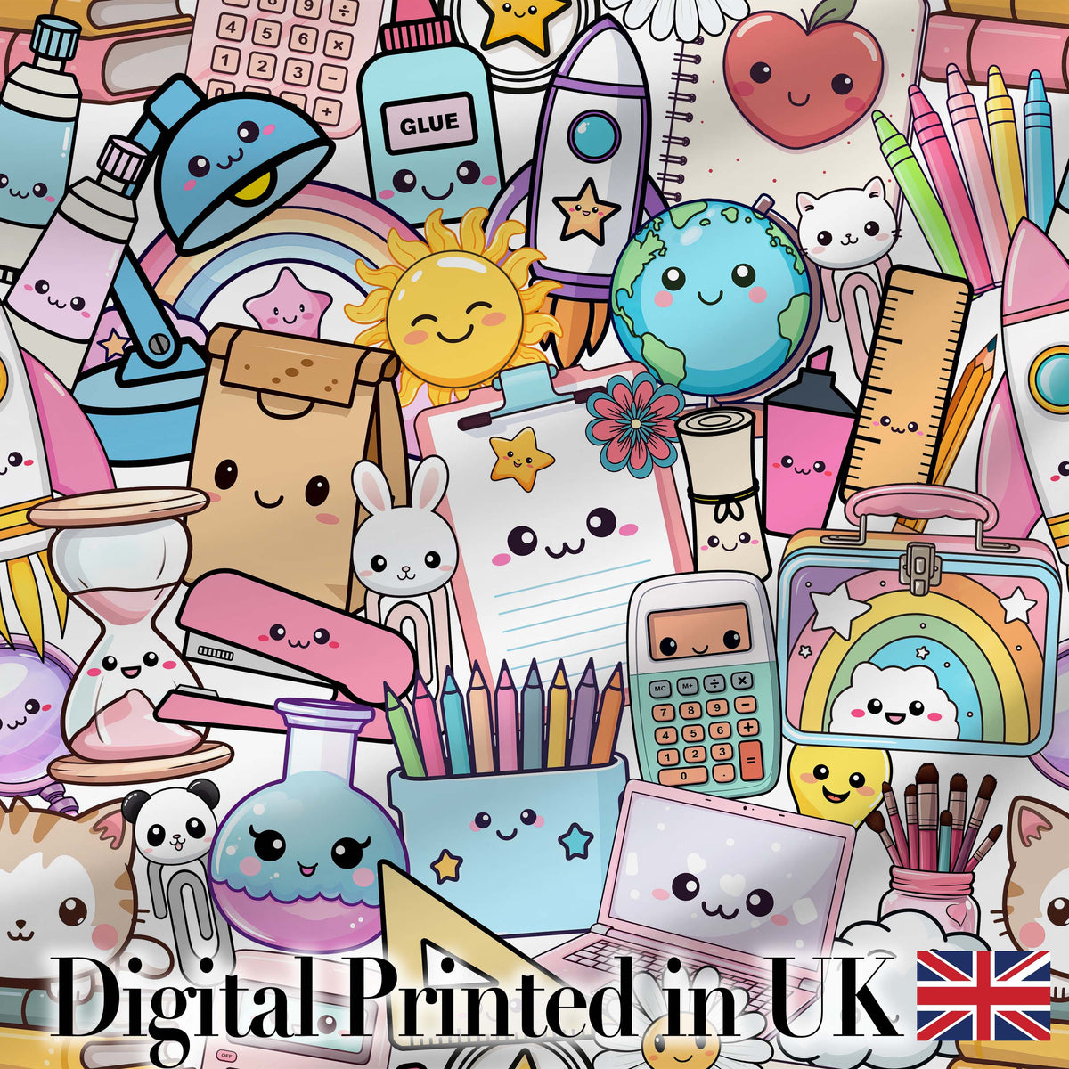 Cute Kawaii School Supplies Science Art Cute Pattern Grey Background Digital Print Fabric by the Metre UK Sewing Quilting Textile