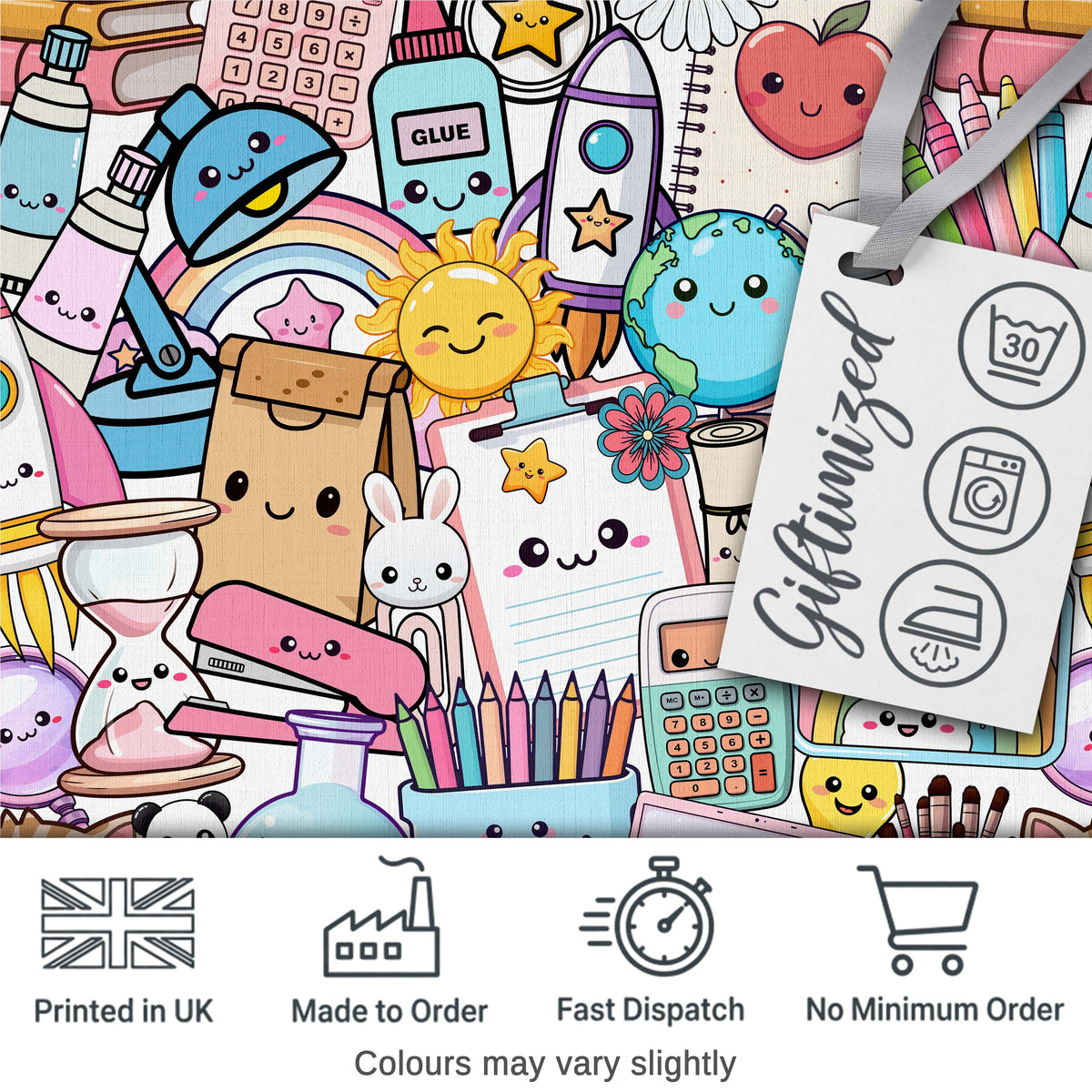 Cute Kawaii School Supplies Science Art Cute Pattern Grey Background Digital Print Fabric by the Metre UK Sewing Quilting Textile