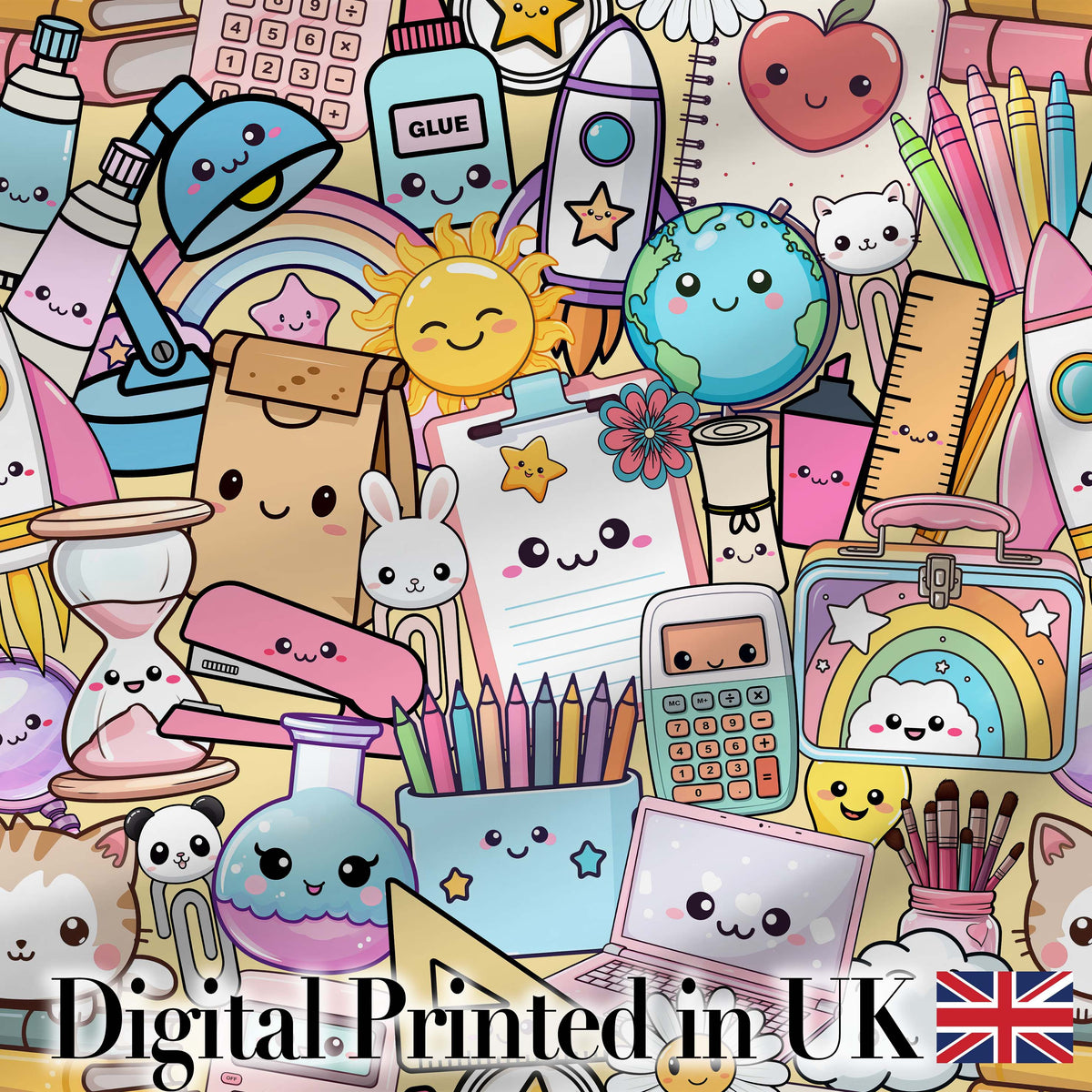 Cute Kawaii School Supplies Science Art Cute Pattern Yellow Background Digital Print Fabric by the Metre UK Sewing Quilting Textile