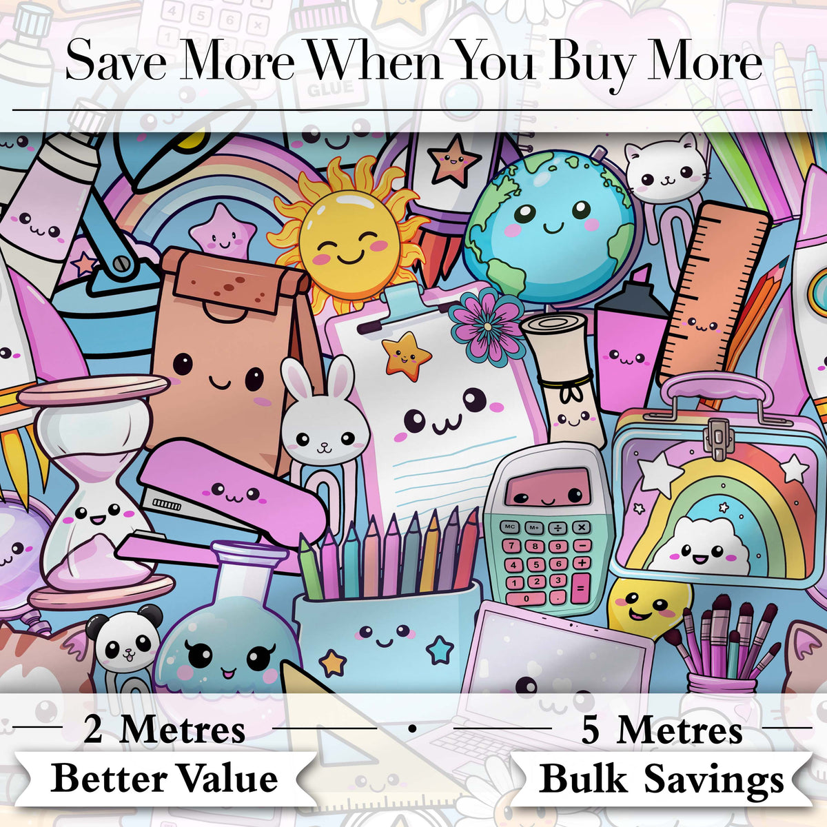 Cute Kawaii School Supplies Science Art Cute Pattern Blue Background Digital Print Fabric by the Metre UK Sewing Quilting Textile