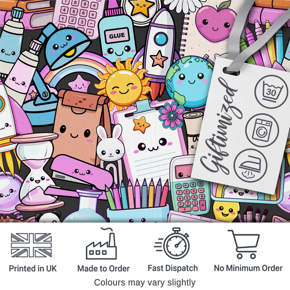 Cute Kawaii School Supplies Rainbow Sun Globe Notebook Pattern Grey Background Digital Print Fabric by the Metre UK Sewing Quilting Textile