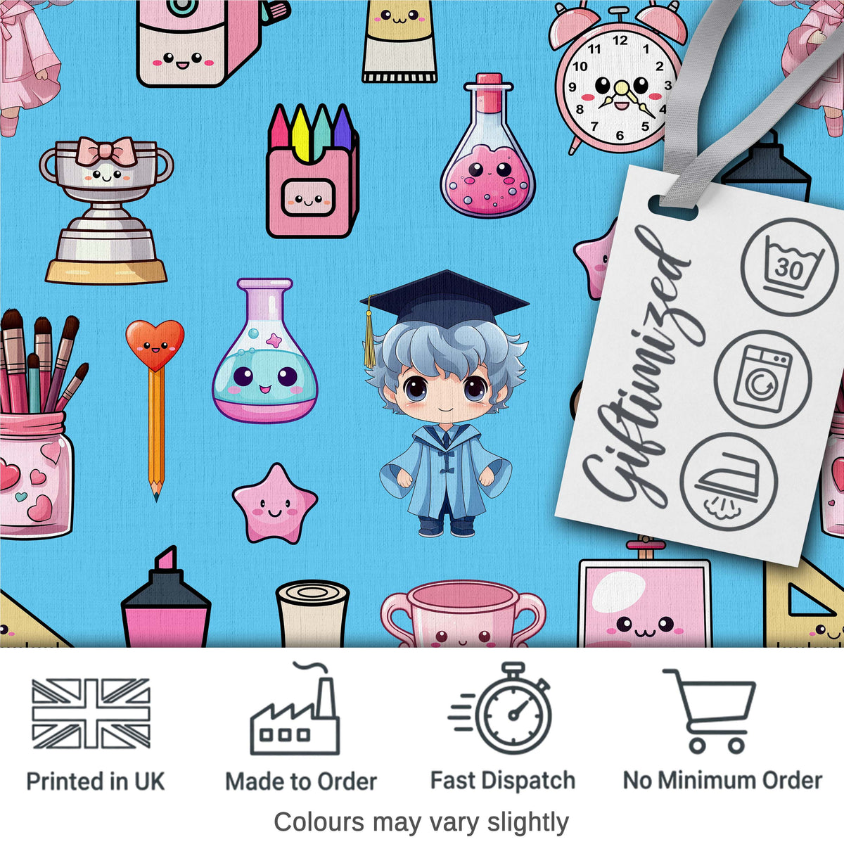 Cute Kawaii Graduate Boy Science Art Supplies Seamless Pattern Blue Background Digital Print Fabric by the Metre UK Sewing Quilting Textile