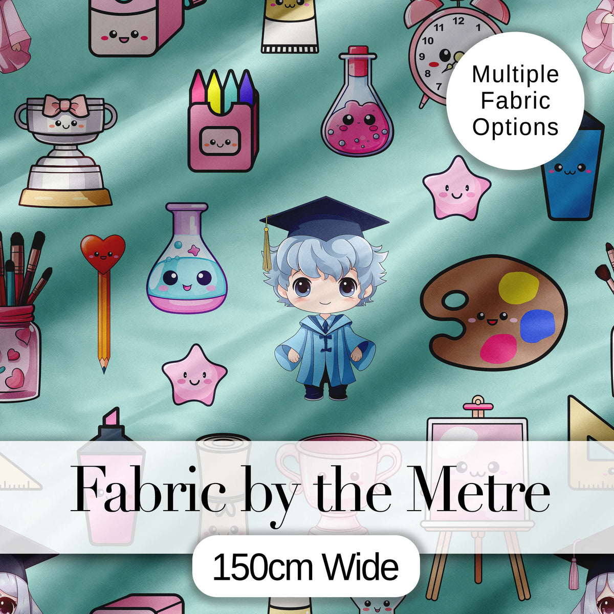 Cute Kawaii Graduate Boy Science Art Supplies Seamless Pattern Mint Background Digital Print Fabric by the Metre UK Sewing Quilting Textile