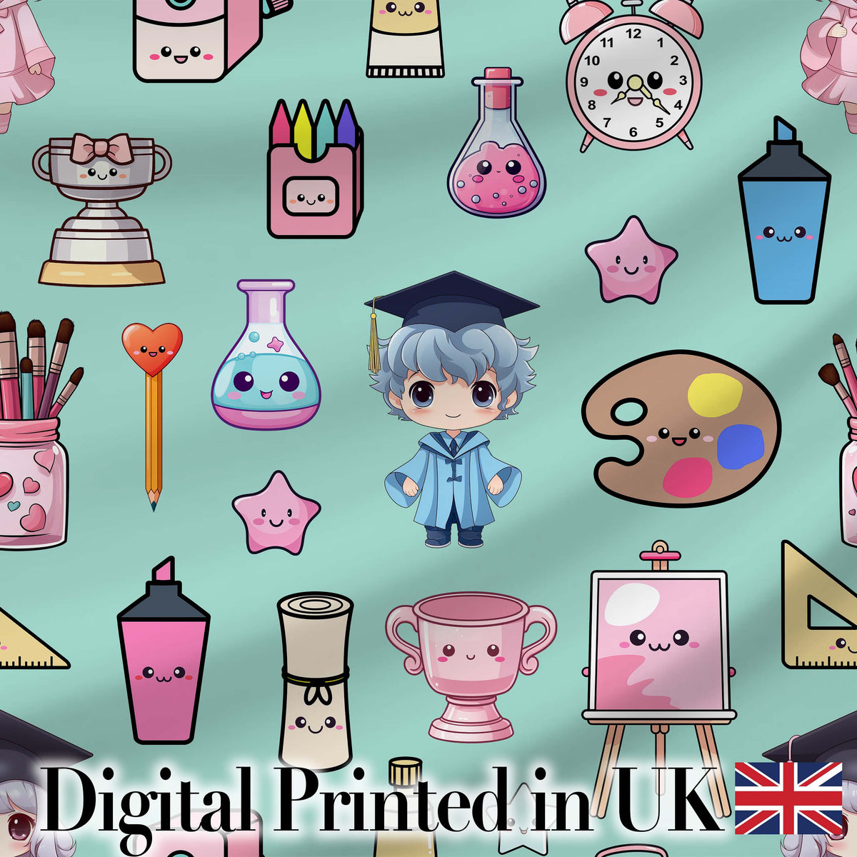 Cute Kawaii Graduate Boy Science Art Supplies Seamless Pattern Mint Background Digital Print Fabric by the Metre UK Sewing Quilting Textile