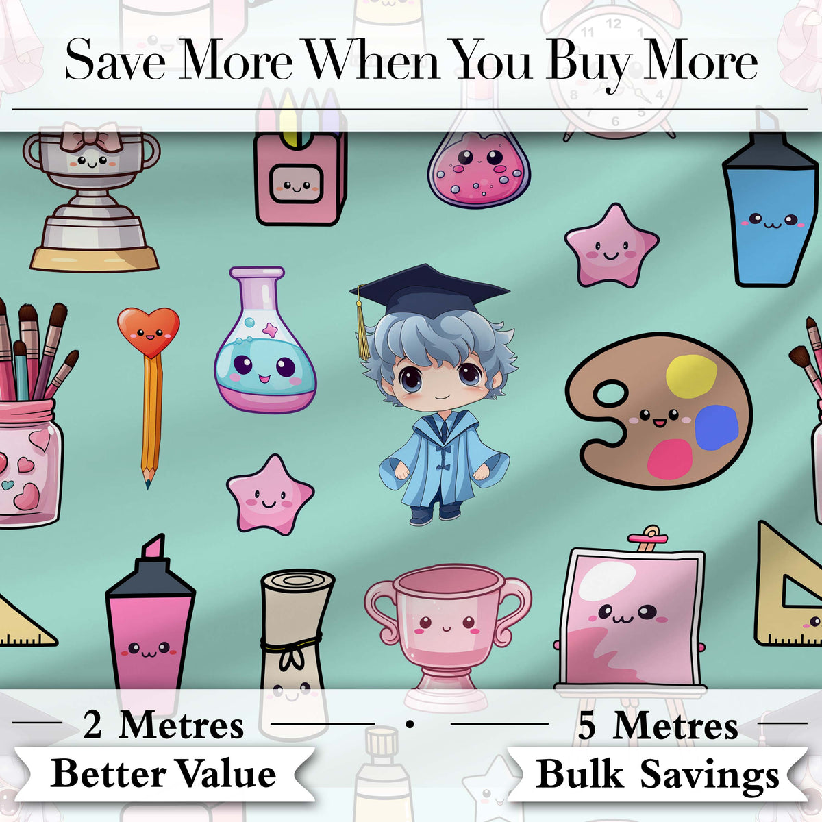 Cute Kawaii Graduate Boy Science Art Supplies Seamless Pattern Mint Background Digital Print Fabric by the Metre UK Sewing Quilting Textile
