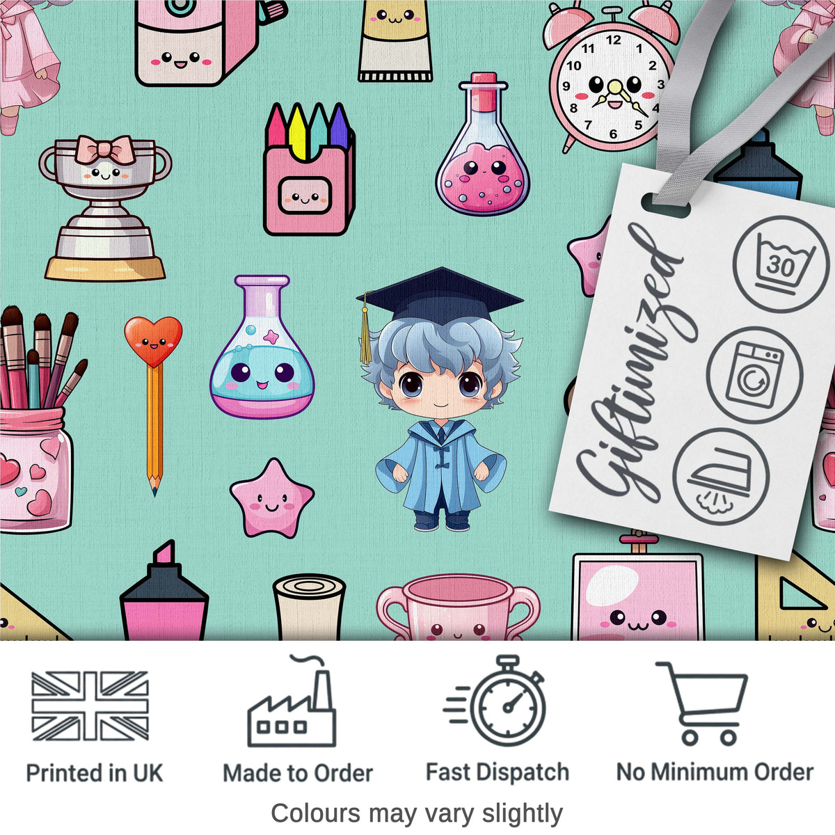 Cute Kawaii Graduate Boy Science Art Supplies Seamless Pattern Mint Background Digital Print Fabric by the Metre UK Sewing Quilting Textile