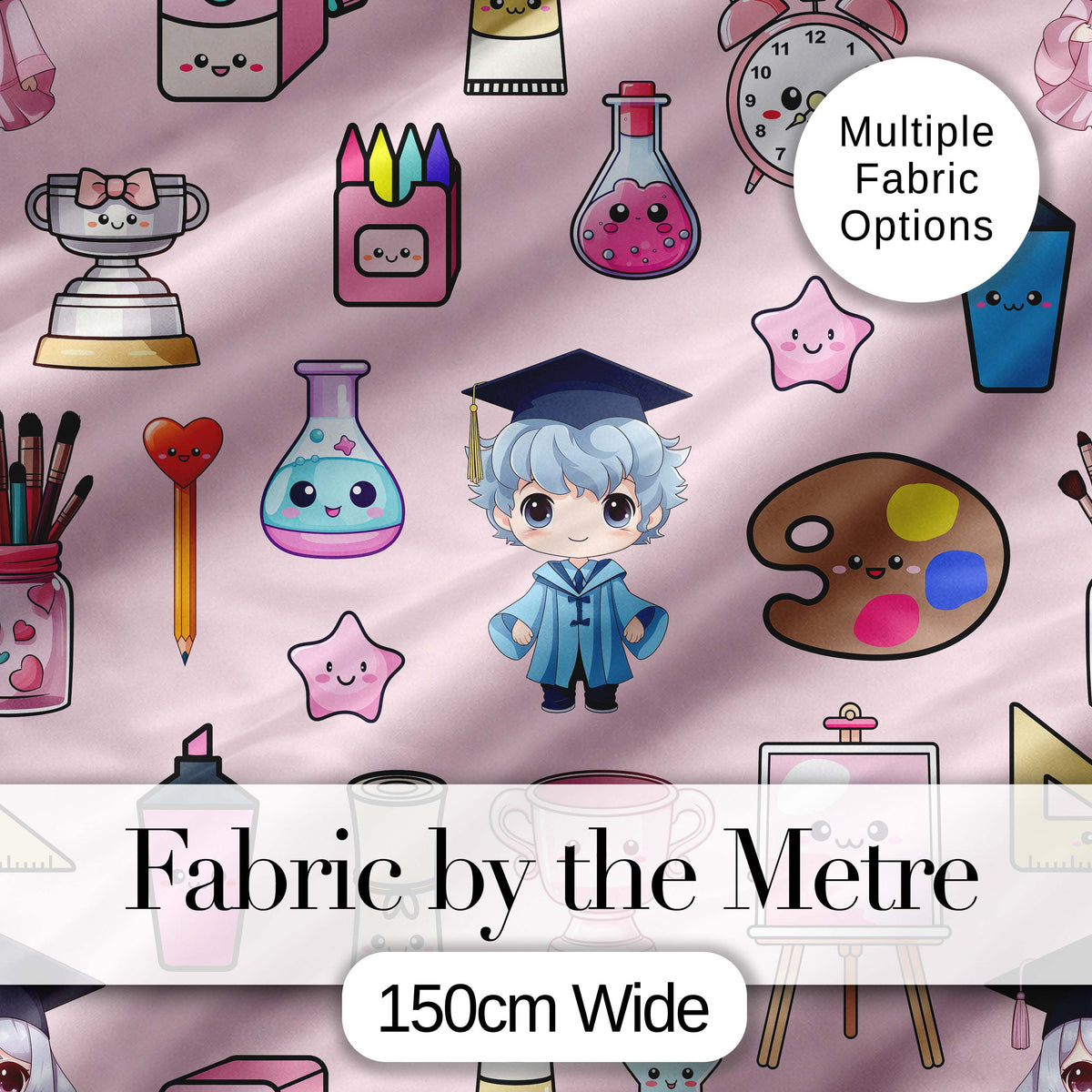 Cute Kawaii Graduate Boy Science Art Supplies Seamless Pattern Pink Background Digital Print Fabric by the Metre UK Sewing Quilting Textile