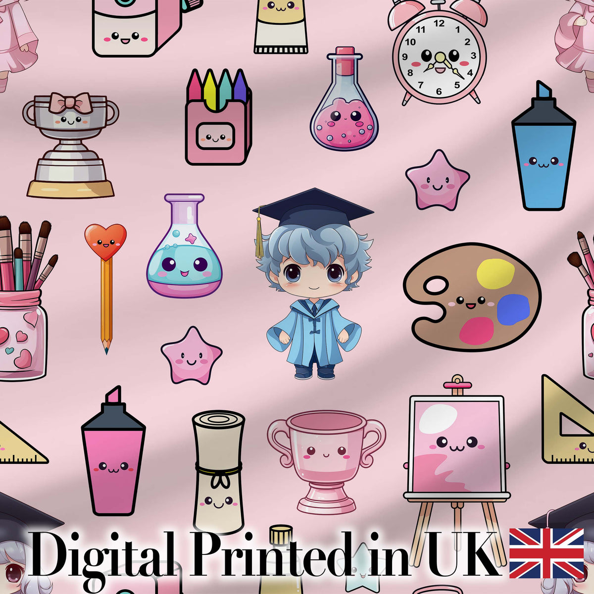 Cute Kawaii Graduate Boy Science Art Supplies Seamless Pattern Pink Background Digital Print Fabric by the Metre UK Sewing Quilting Textile