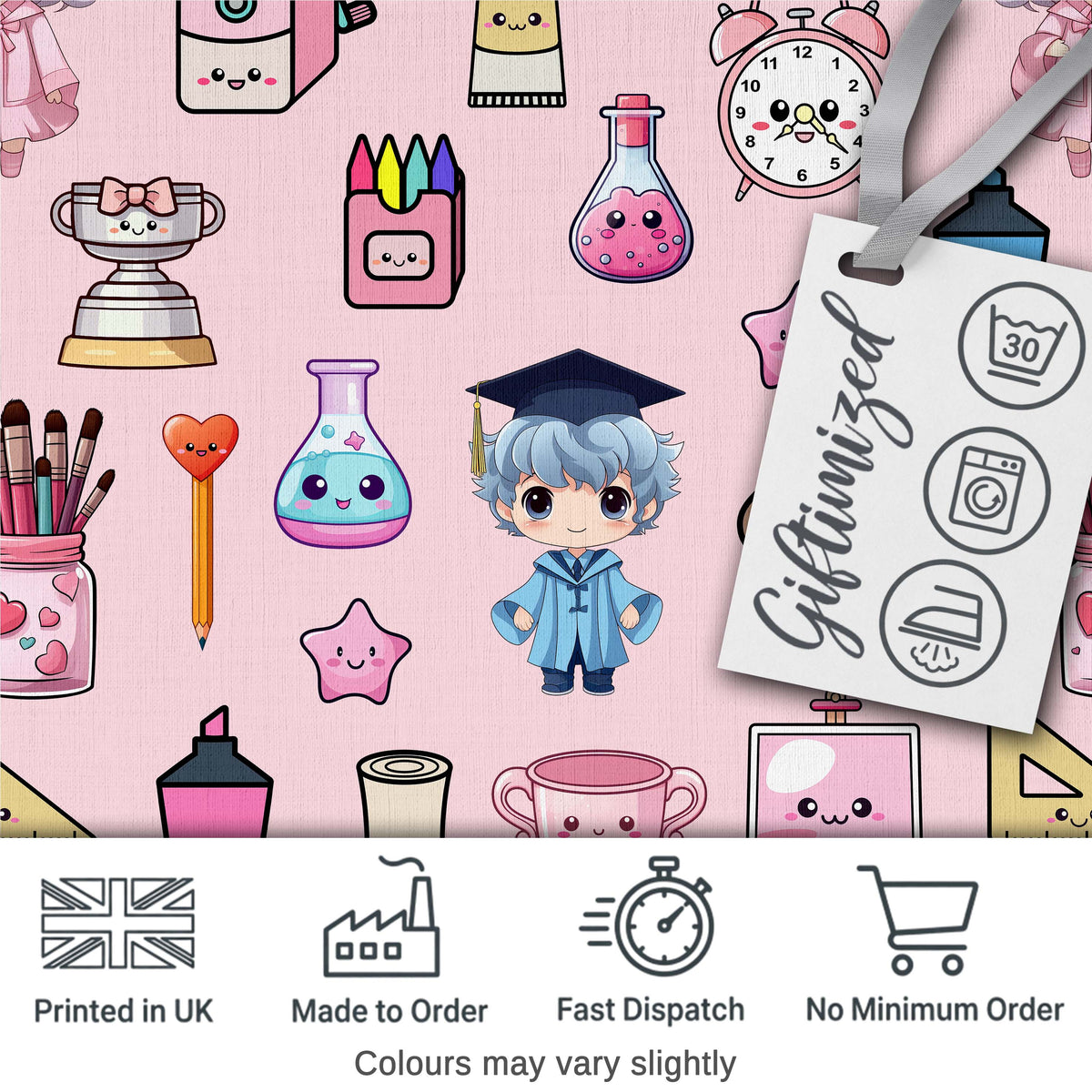 Cute Kawaii Graduate Boy Science Art Supplies Seamless Pattern Pink Background Digital Print Fabric by the Metre UK Sewing Quilting Textile