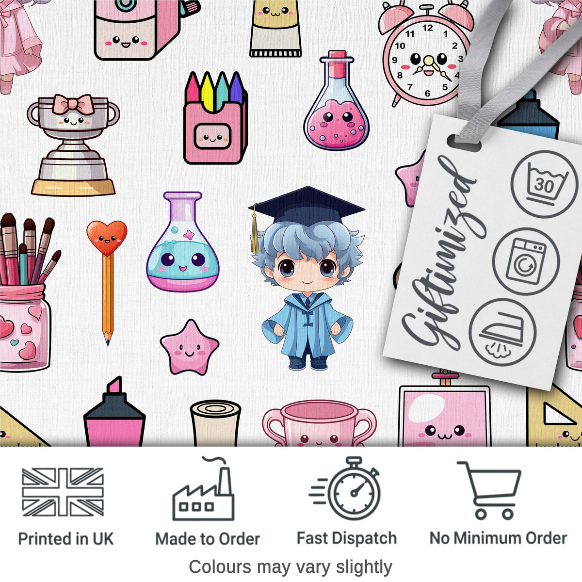 Cute Kawaii Graduation School Science Art Supplies Pattern White Background Digital Print Fabric by the Metre UK Sewing Quilting Textile