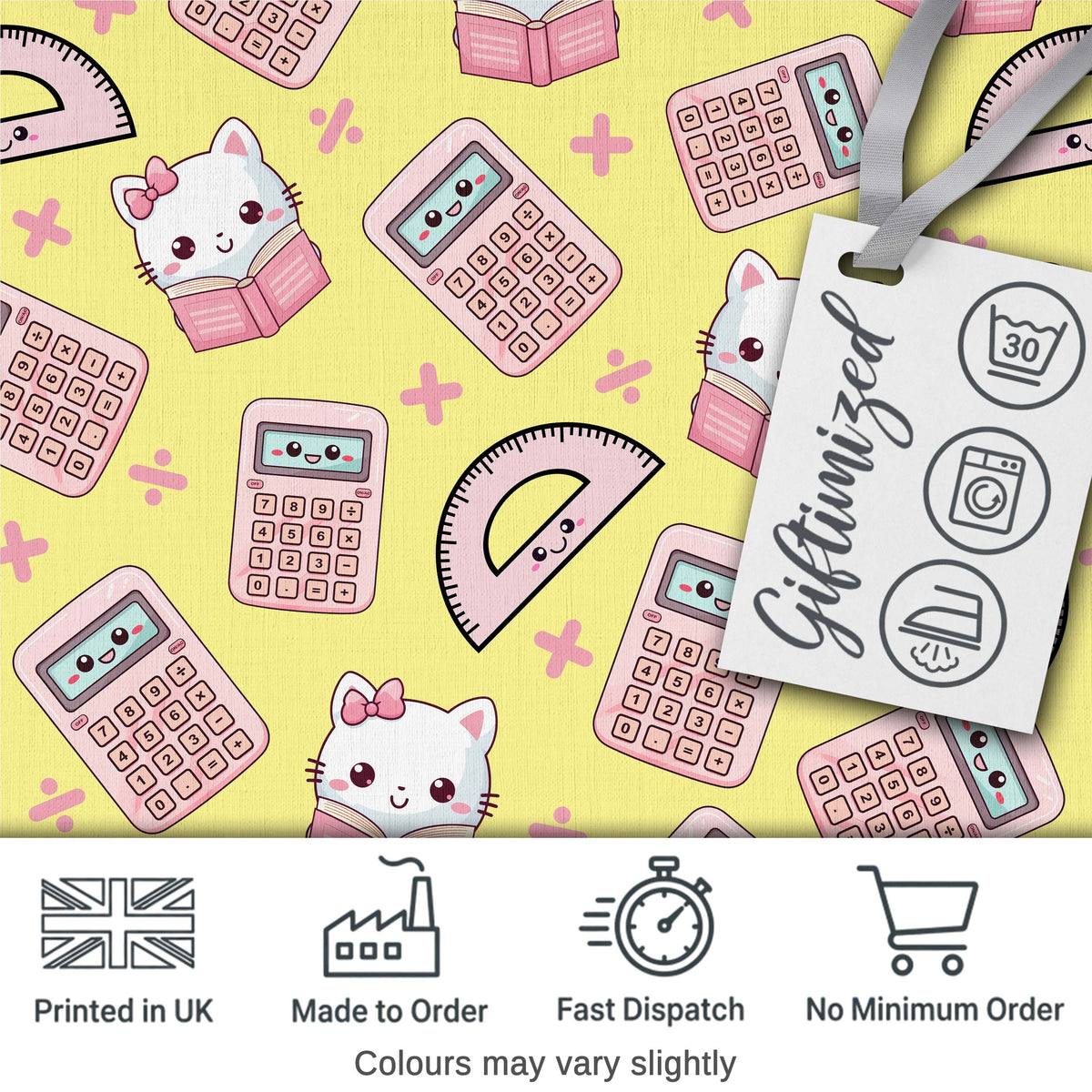 Cute Kawaii Maths Cat Calculator Ruler Seamless Pattern Yellow Background Digital Print Fabric by the Metre UK Sewing Quilting Textile