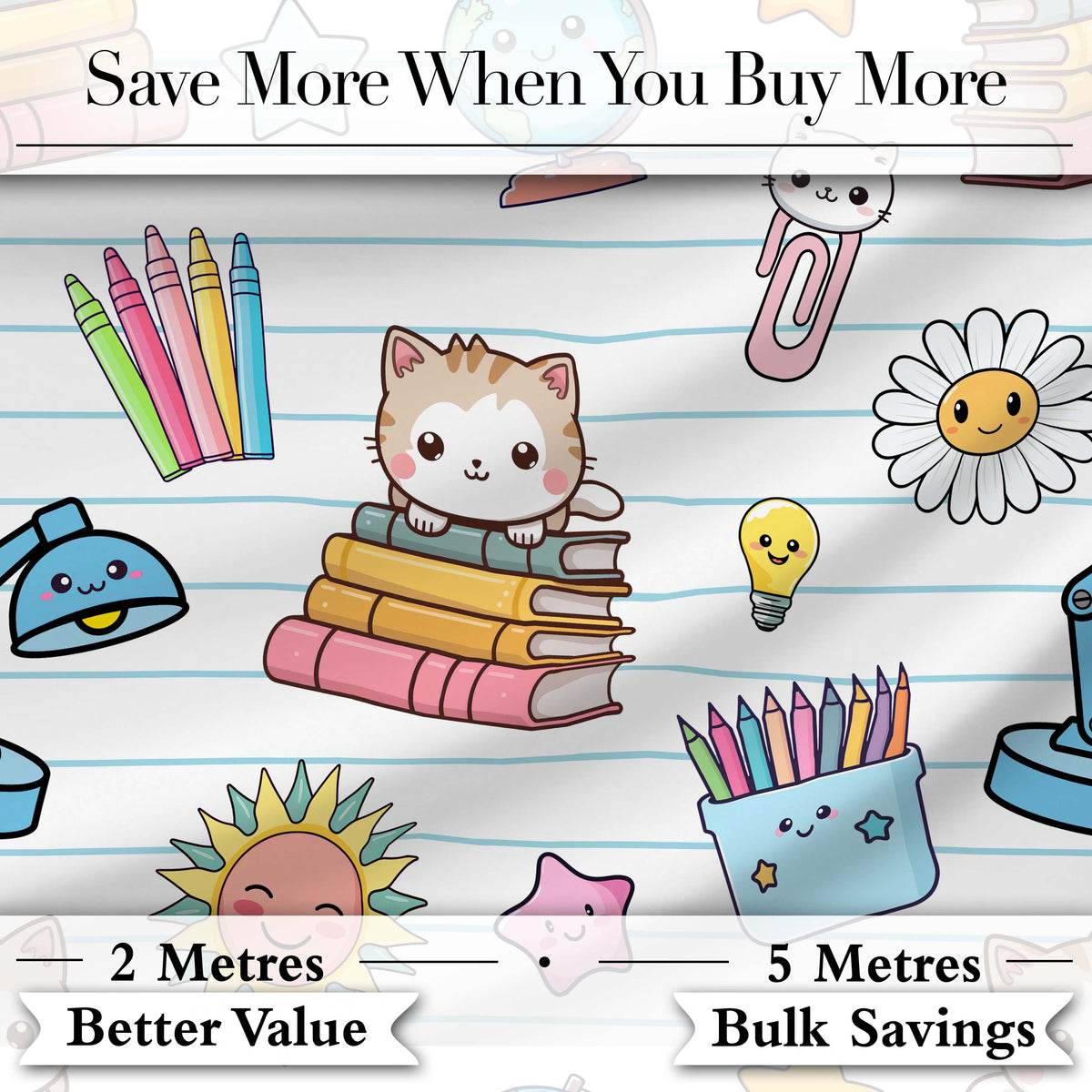 Cute Kawaii School Cat Books Stationery Seamless Pattern Blue Lines Background Digital Print Fabric by the Metre UK Sewing Quilting Textile