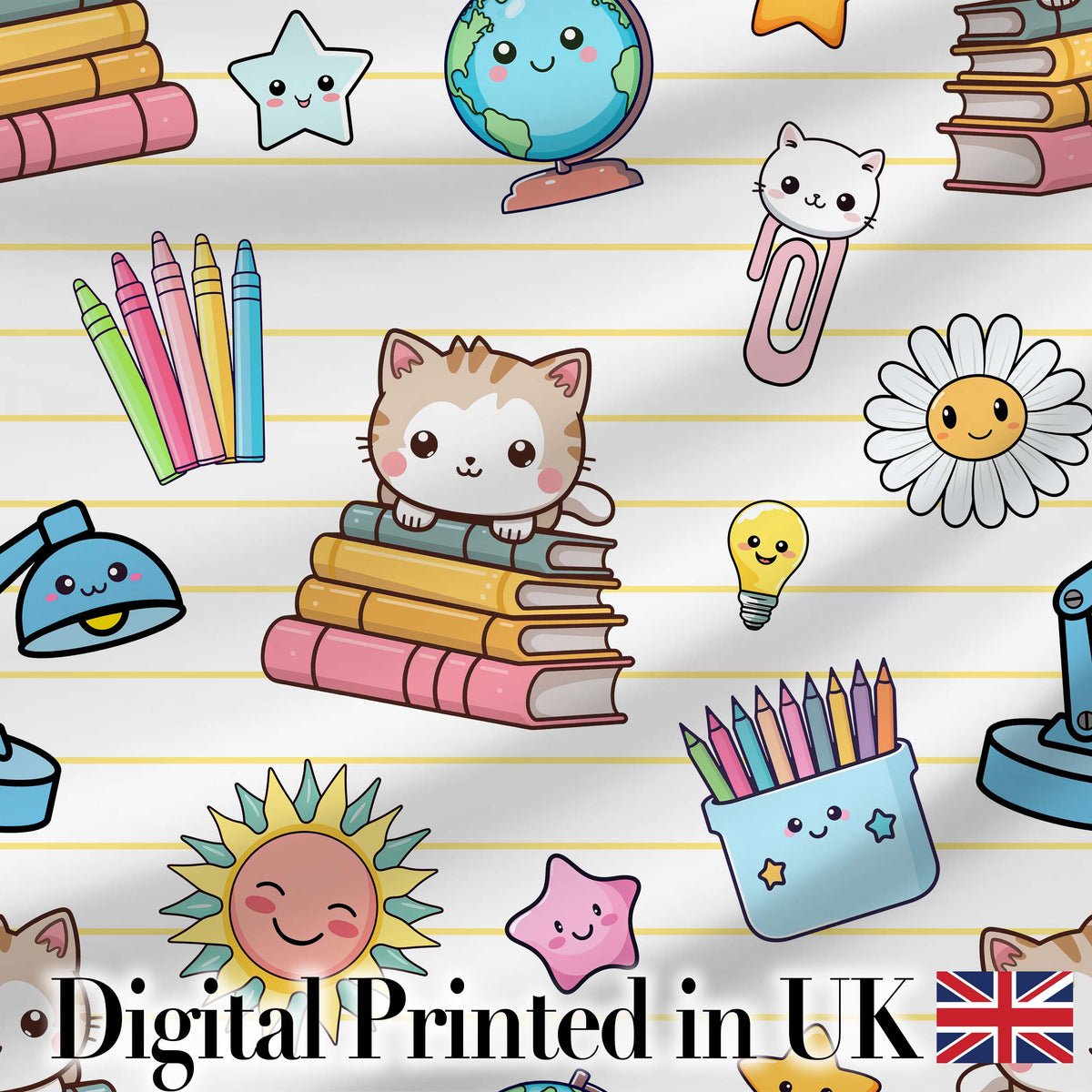 Cute Kawaii School Cat Books Stationery Pattern Yellow Lines Background Digital Print Fabric by the Metre UK Sewing Quilting Textile