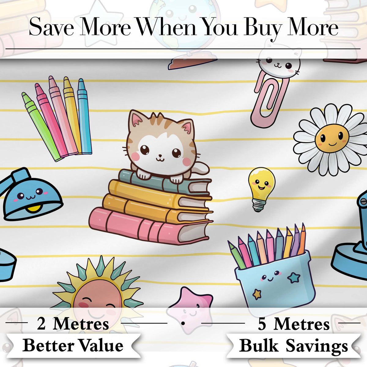 Cute Kawaii School Cat Books Stationery Pattern Yellow Lines Background Digital Print Fabric by the Metre UK Sewing Quilting Textile