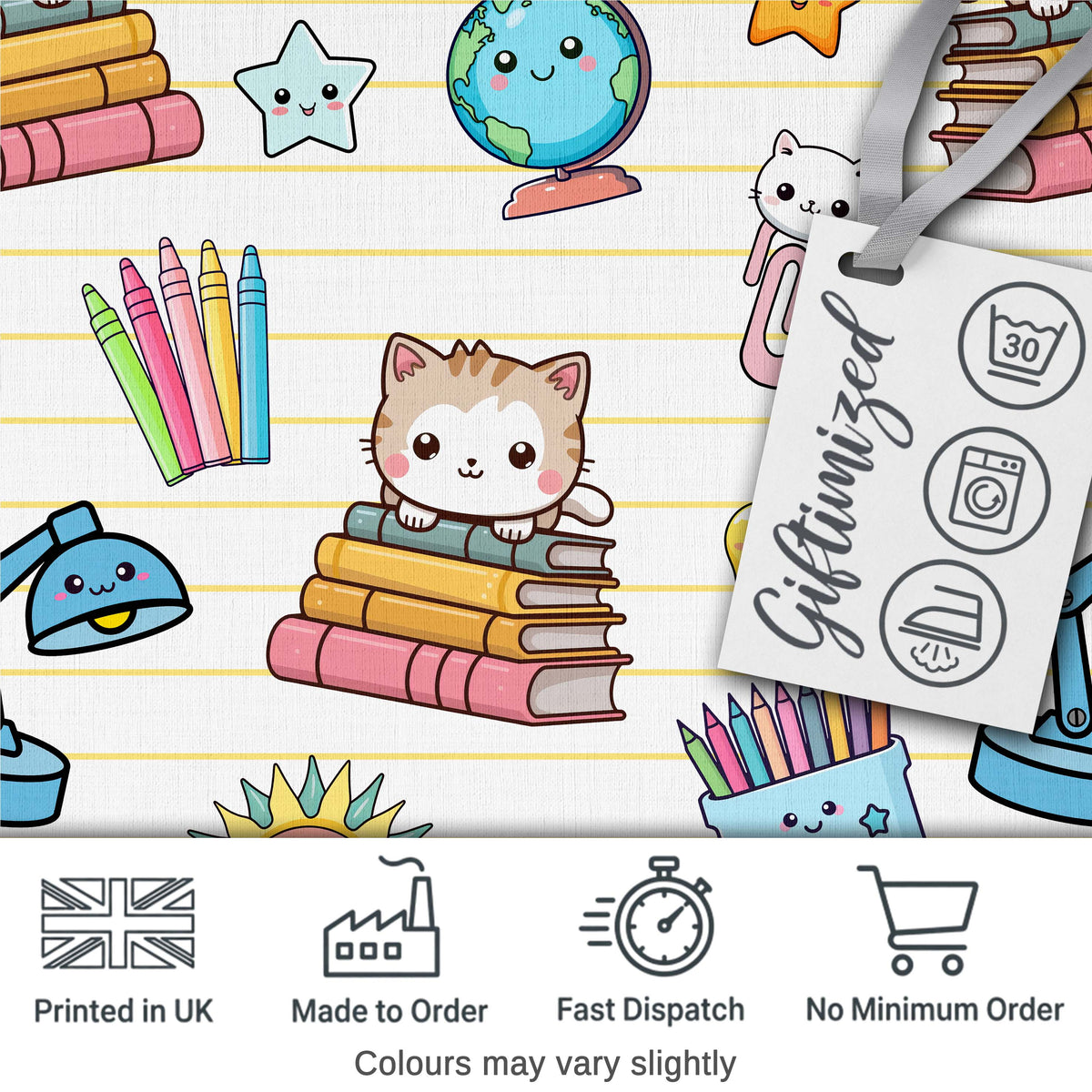 Cute Kawaii School Cat Books Stationery Pattern Yellow Lines Background Digital Print Fabric by the Metre UK Sewing Quilting Textile