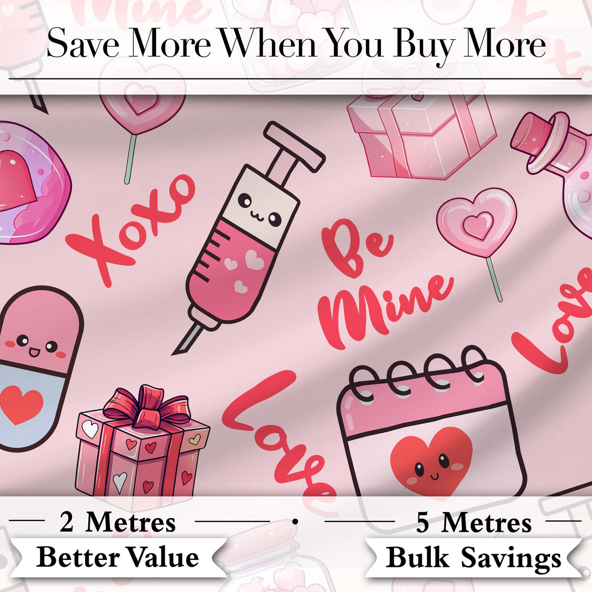 Cute Kawaii Valentine Love Hearts Syringe Gift Calendar Beige Background Digital Print Fabric by the Metre UK Sewing Quilting Textile