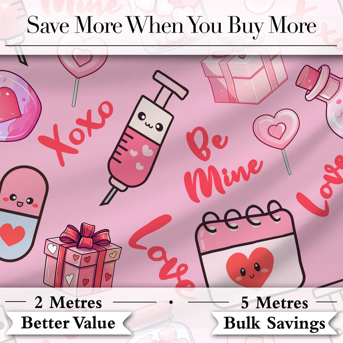 Cute Kawaii Valentine Love Hearts Syringe Gift Calendar Blush Pink Background Digital Print Fabric by the Metre UK Sewing Quilting Textile