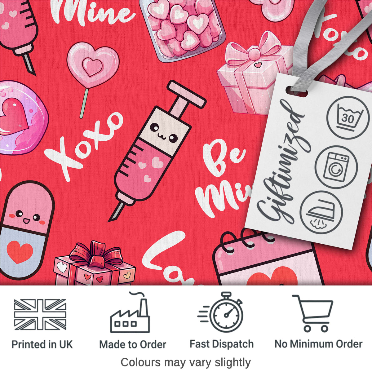 Cute Kawaii Valentine Love Hearts Syringe Gift Calendar Pattern Red Background Digital Print Fabric by the Metre UK Sewing Quilting Textile