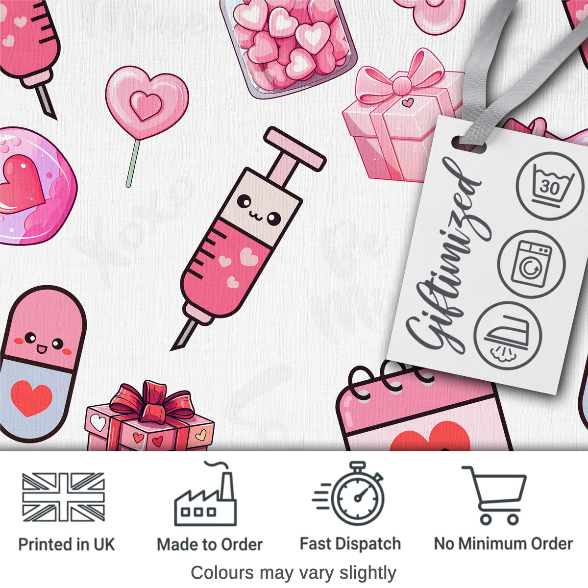 Cute Kawaii Valentine Love Hearts Syringe Gift Calendar Light Grey Background Digital Print Fabric by the Metre UK Sewing Quilting Textile