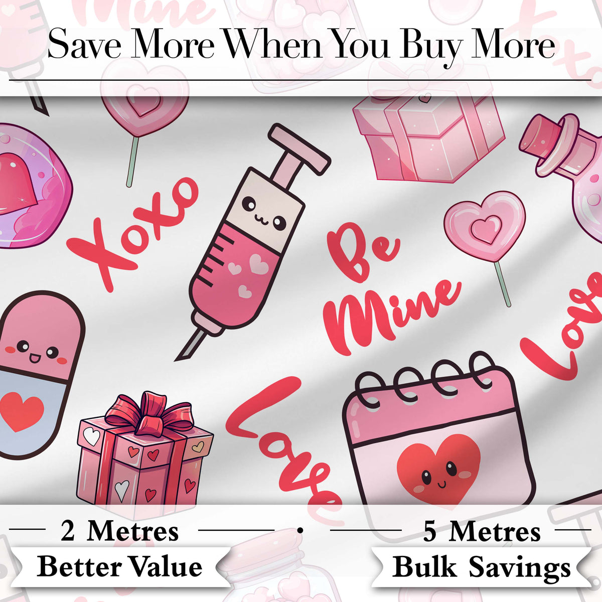 Cute Kawaii Valentine Love Hearts Syringe Gift Calendar White Background Digital Print Fabric by the Metre UK Sewing Quilting Textile
