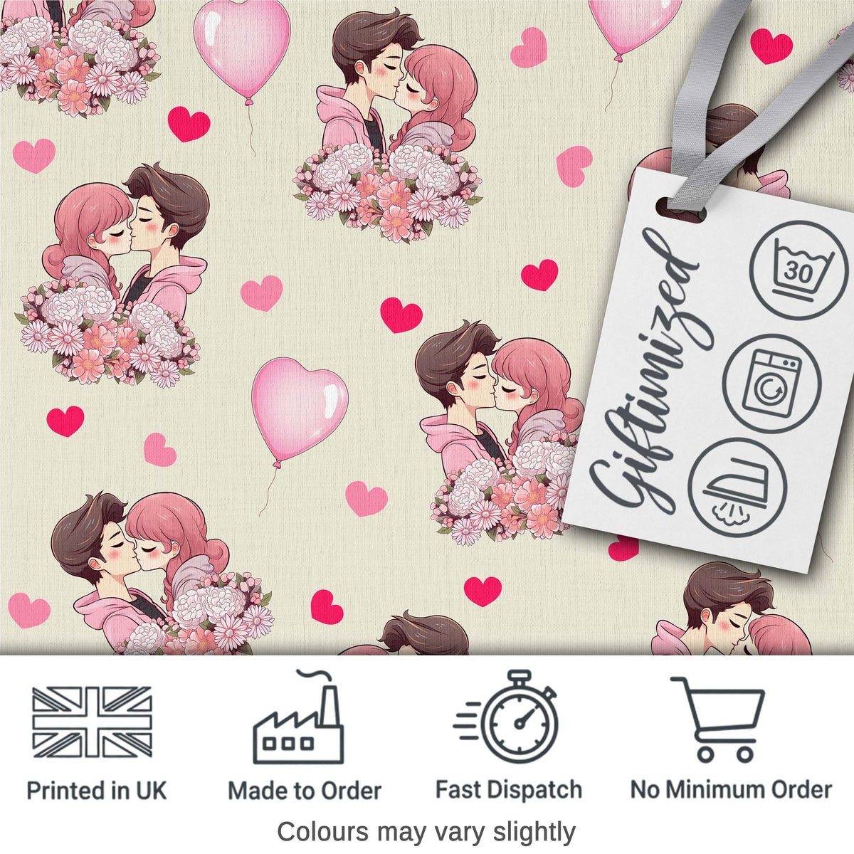 Romantic Couple Kissing Floral Bouquet Hearts Seamless Pattern Beige Background Digital Print Fabric by the Metre UK Sewing Quilting Textile
