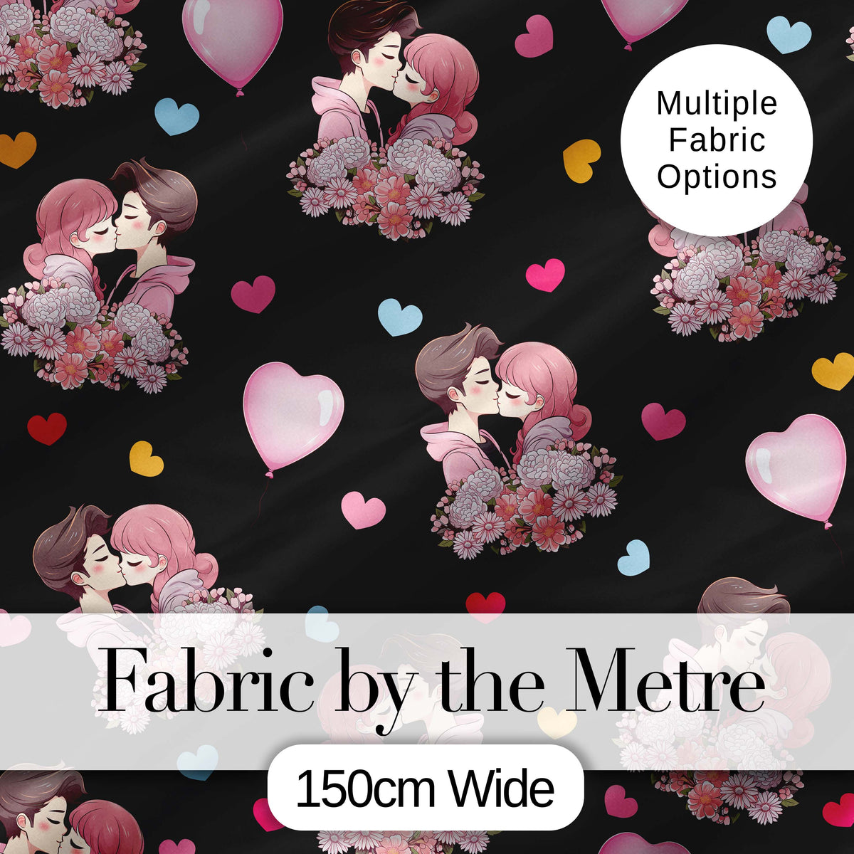 Romantic Couple Kissing Floral Bouquet Hearts Seamless Pattern Black Background Digital Print Fabric by the Metre UK Sewing Quilting Textile