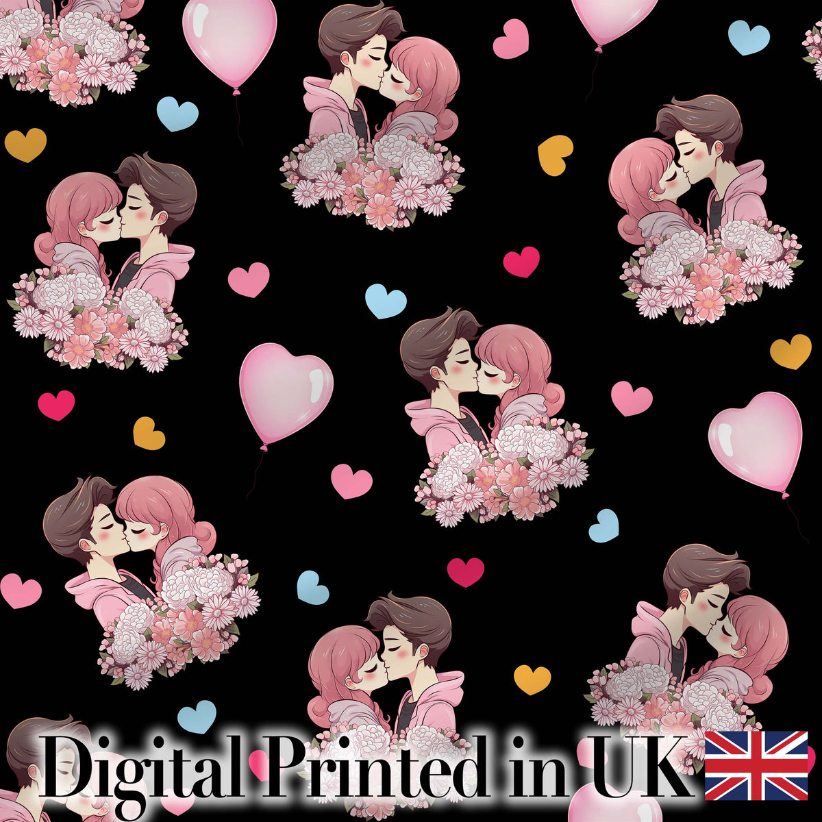 Romantic Couple Kissing Floral Bouquet Hearts Seamless Pattern Black Background Digital Print Fabric by the Metre UK Sewing Quilting Textile