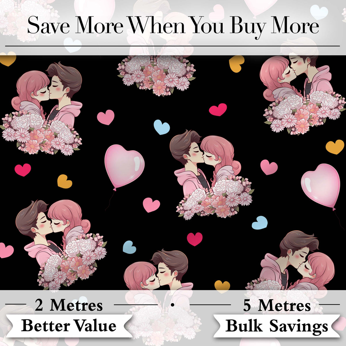 Romantic Couple Kissing Floral Bouquet Hearts Seamless Pattern Black Background Digital Print Fabric by the Metre UK Sewing Quilting Textile