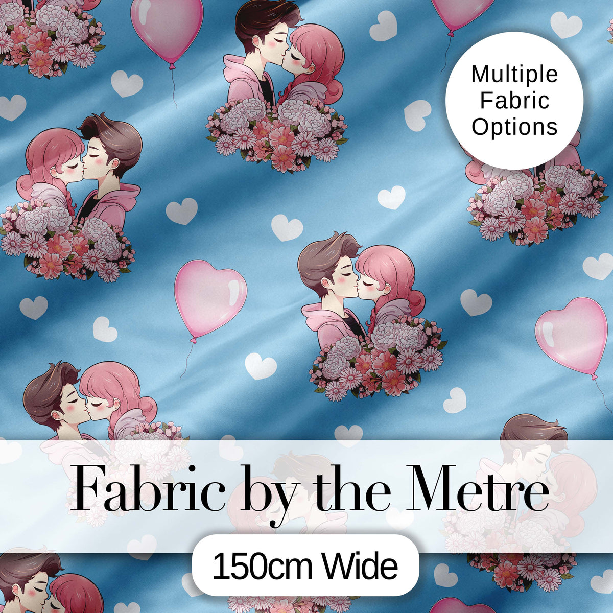 Romantic Couple Kissing Floral Bouquet Hearts Seamless Pattern Blue Background Digital Print Fabric by the Metre UK Sewing Quilting Textile