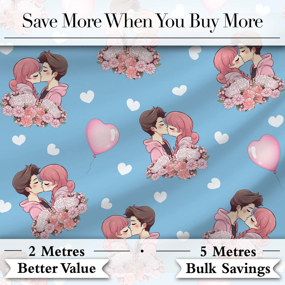 Romantic Couple Kissing Floral Bouquet Hearts Seamless Pattern Blue Background Digital Print Fabric by the Metre UK Sewing Quilting Textile