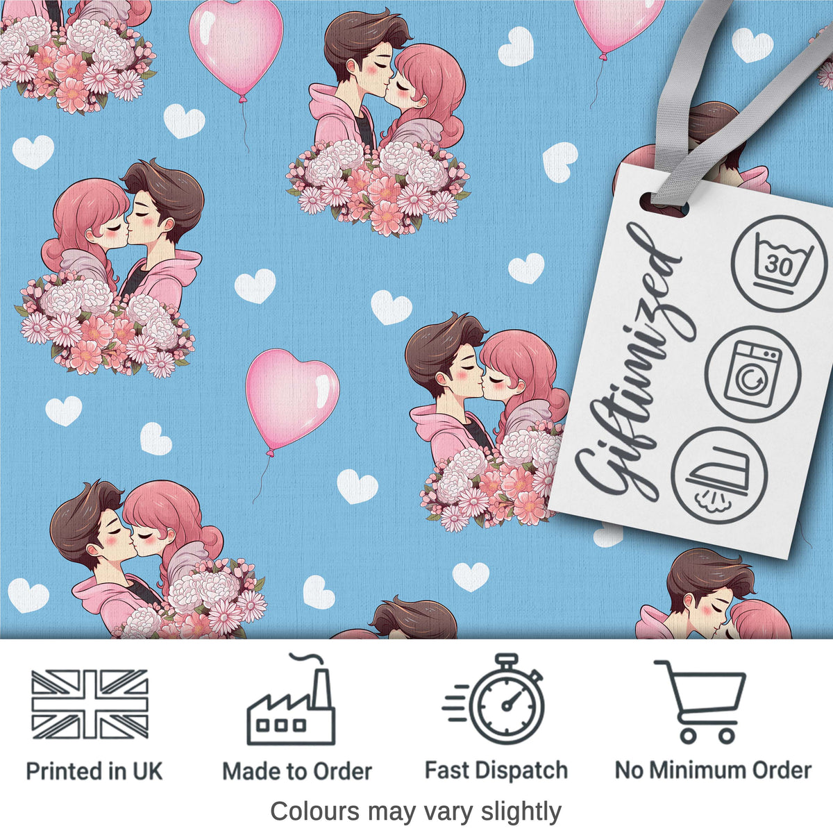 Romantic Couple Kissing Floral Bouquet Hearts Seamless Pattern Blue Background Digital Print Fabric by the Metre UK Sewing Quilting Textile