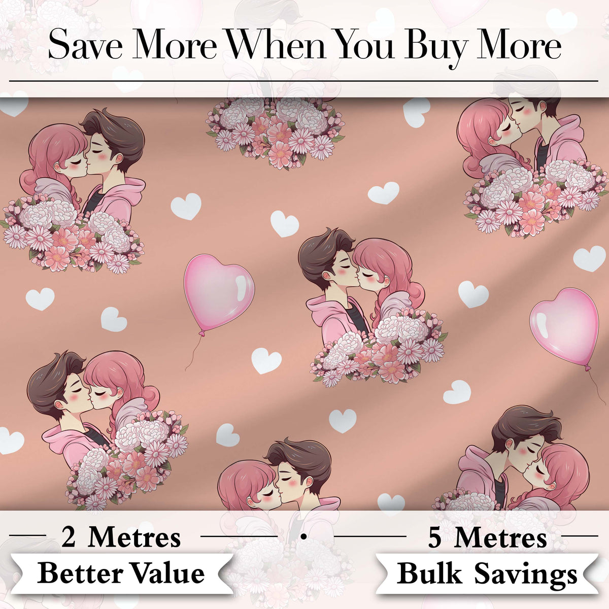 Romantic Couple Kissing Floral Bouquet Hearts Seamless Pattern Peach Background Digital Print Fabric by the Metre UK Sewing Quilting Textile