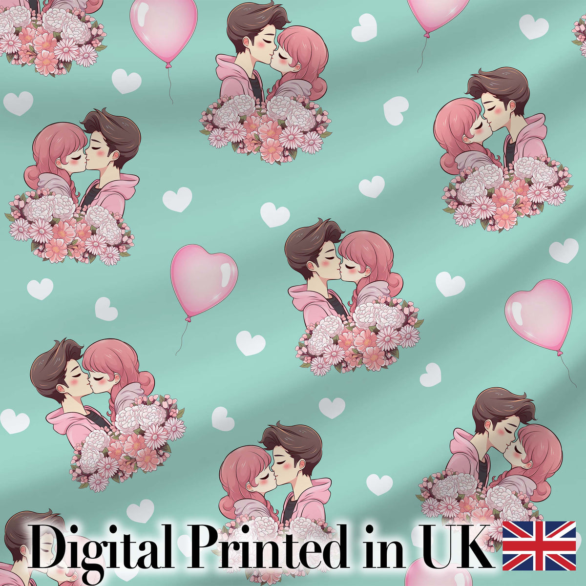 Romantic Couple Kissing Floral Bouquet Hearts Pattern Mint Green Background Digital Print Fabric by the Metre UK Sewing Quilting Textile