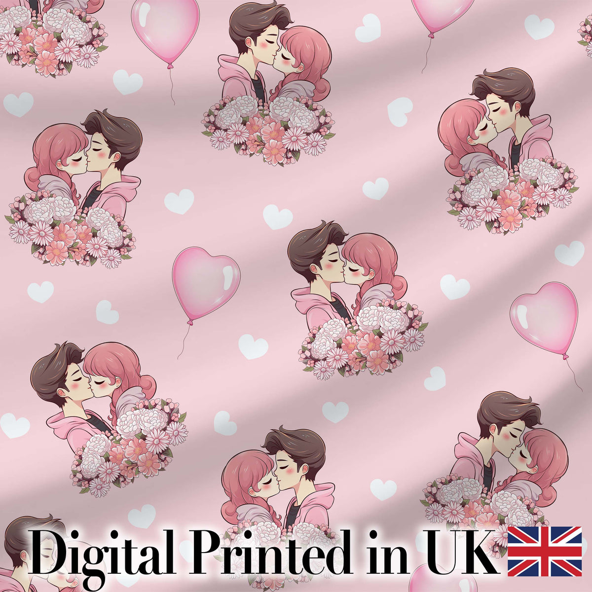 Romantic Couple Kissing Floral Bouquet Hearts Pattern Soft Pink Background Digital Print Fabric by the Metre UK Sewing Quilting Textile