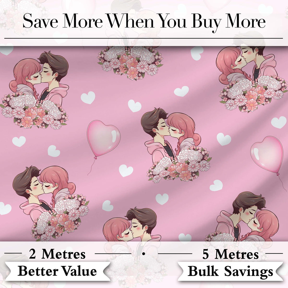 Romantic Couple Kissing Floral Bouquet Hearts Pattern Light Pink Background Digital Print Fabric by the Metre UK Sewing Quilting Textile