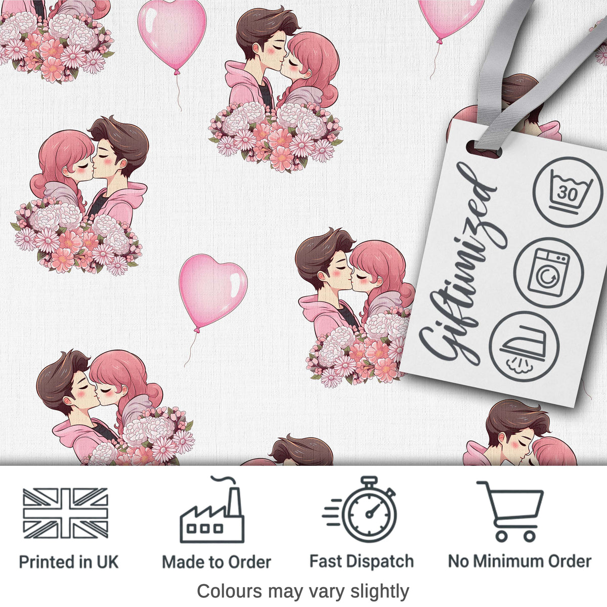 Romantic Couple Kissing Floral Bouquet Hearts Seamless Pattern White Background Digital Print Fabric by the Metre UK Sewing Quilting Textile