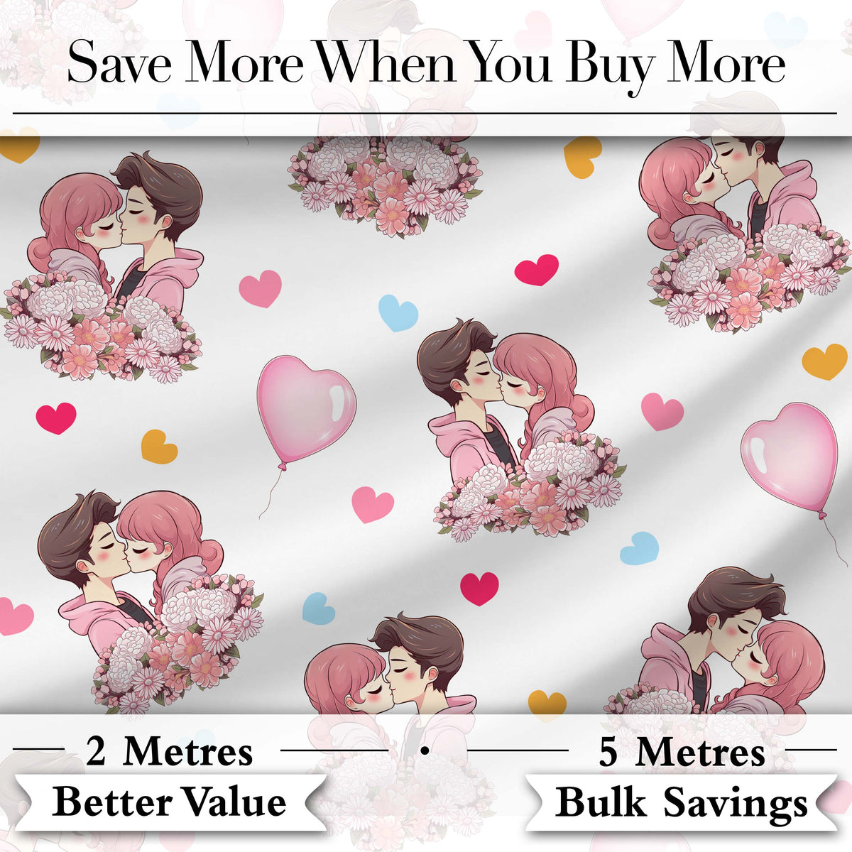 Romantic Couple Kissing Floral Bouquet Hearts Seamless Pattern Grey Background Digital Print Fabric by the Metre UK Sewing Quilting Textile