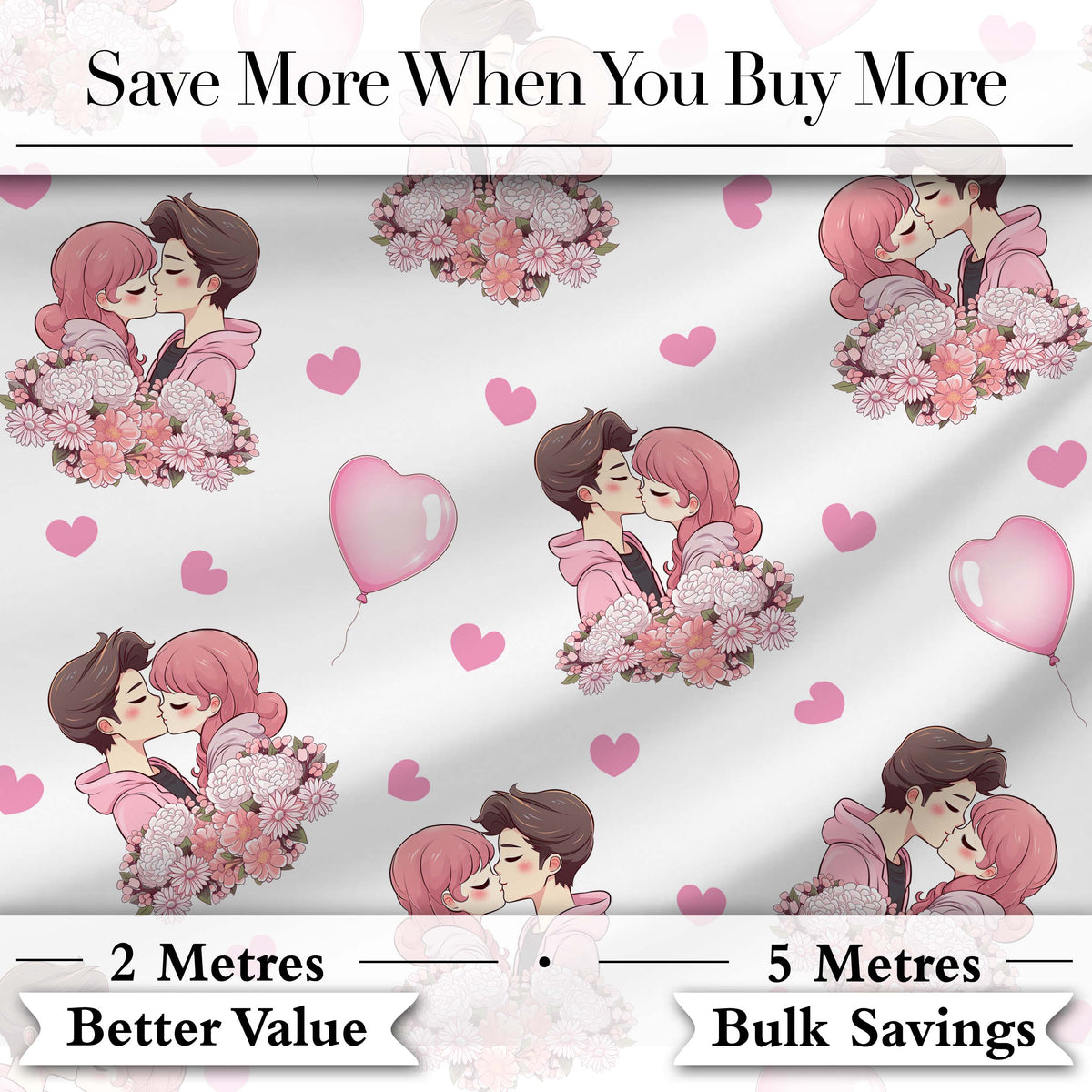 Romantic Couple Kissing Floral Bouquet Hearts Pattern Light Grey Background Digital Print Fabric by the Metre UK Sewing Quilting Textile
