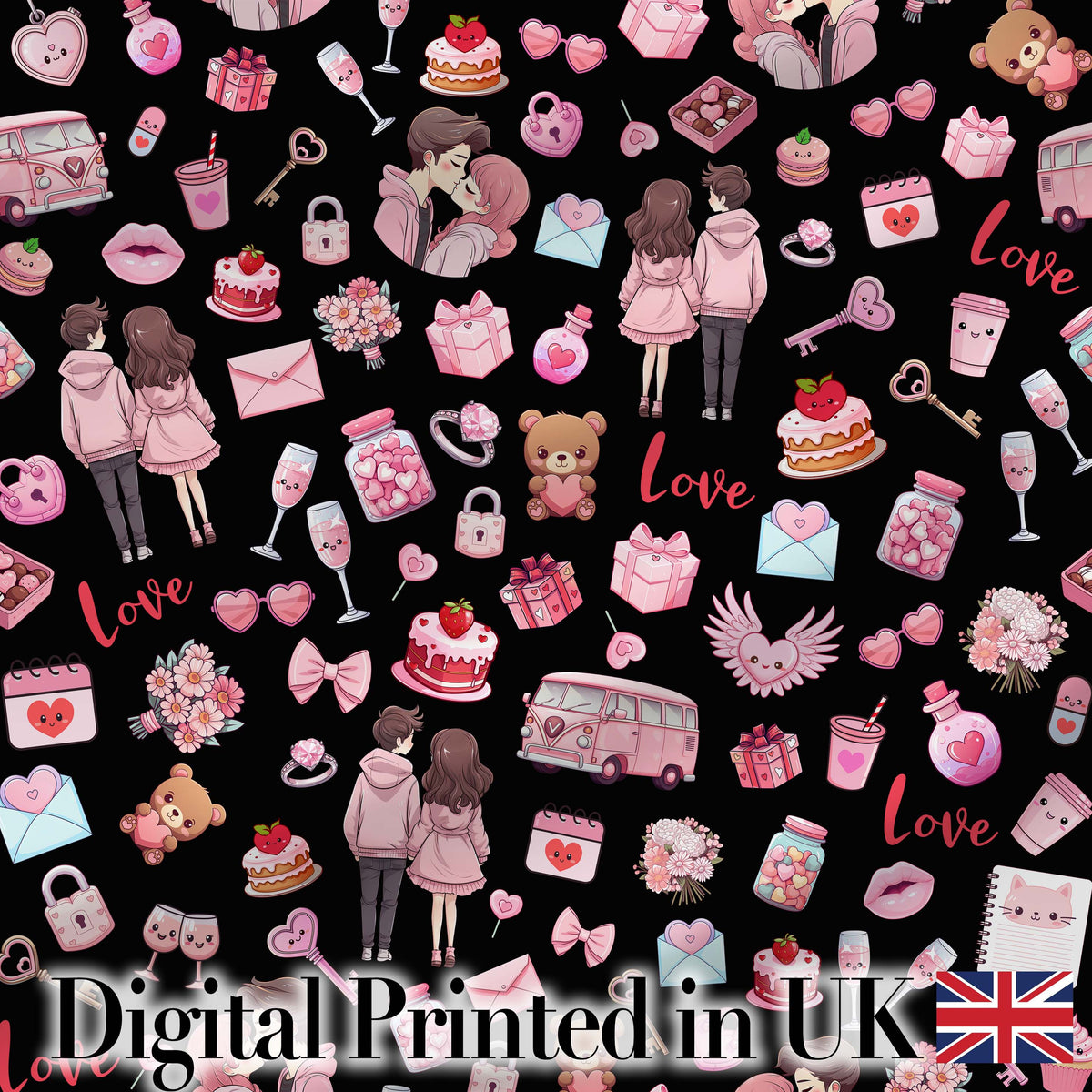 Cute Love Couple Gifts Cakes Teddy Bear Seamless Pattern Black Background Digital Print Fabric by the Metre UK Sewing Quilting Textile
