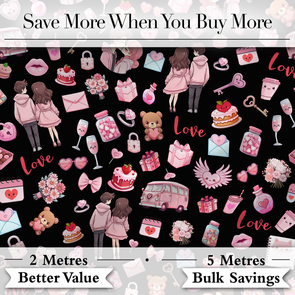 Cute Love Couple Gifts Cakes Teddy Bear Seamless Pattern Black Background Digital Print Fabric by the Metre UK Sewing Quilting Textile