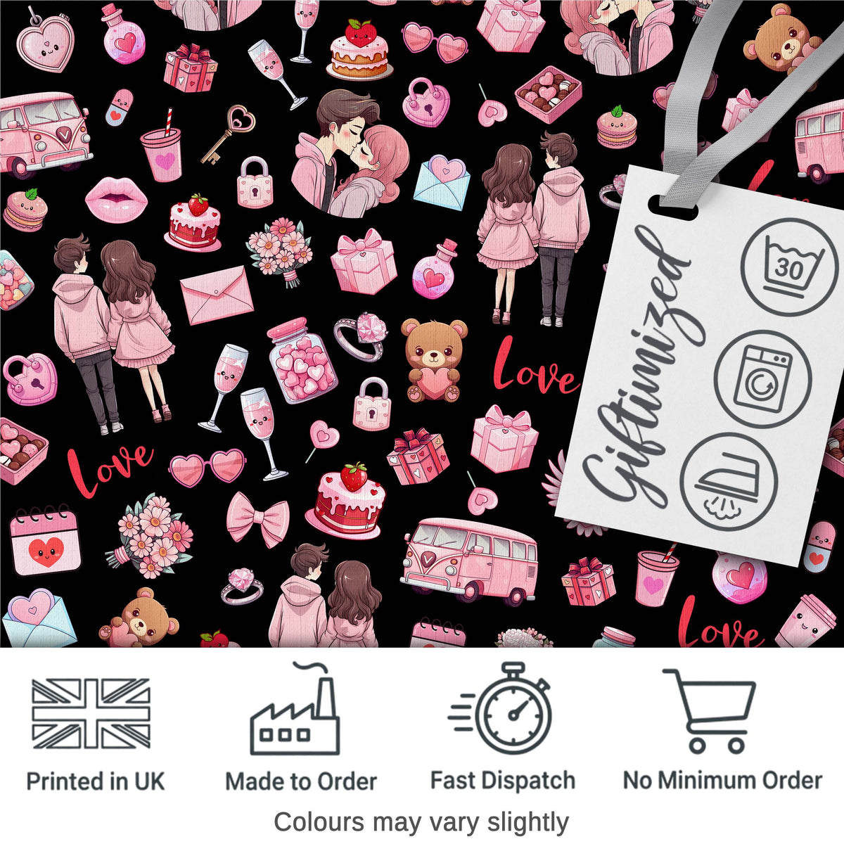 Cute Love Couple Gifts Cakes Teddy Bear Seamless Pattern Black Background Digital Print Fabric by the Metre UK Sewing Quilting Textile