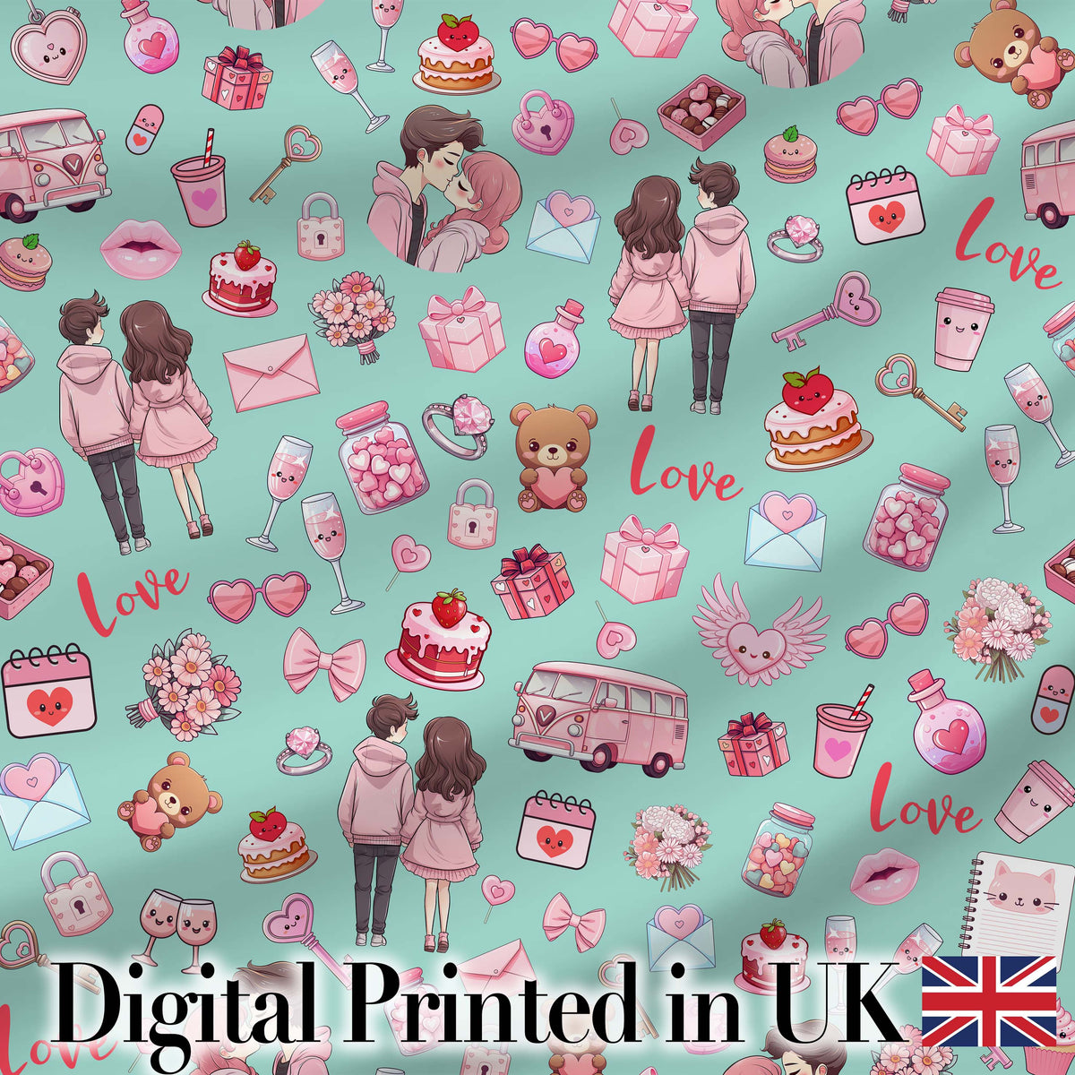 Cute Love Couple Gifts Cakes Teddy Bear Pattern Mint Green Background Digital Print Fabric by the Metre UK Sewing Quilting Textile