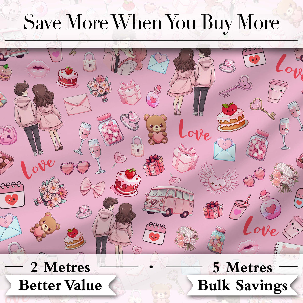 Cute Love Couple Gifts Cakes Teddy Bear Seamless Pattern Pink Background Digital Print Fabric by the Metre UK Sewing Quilting Textile