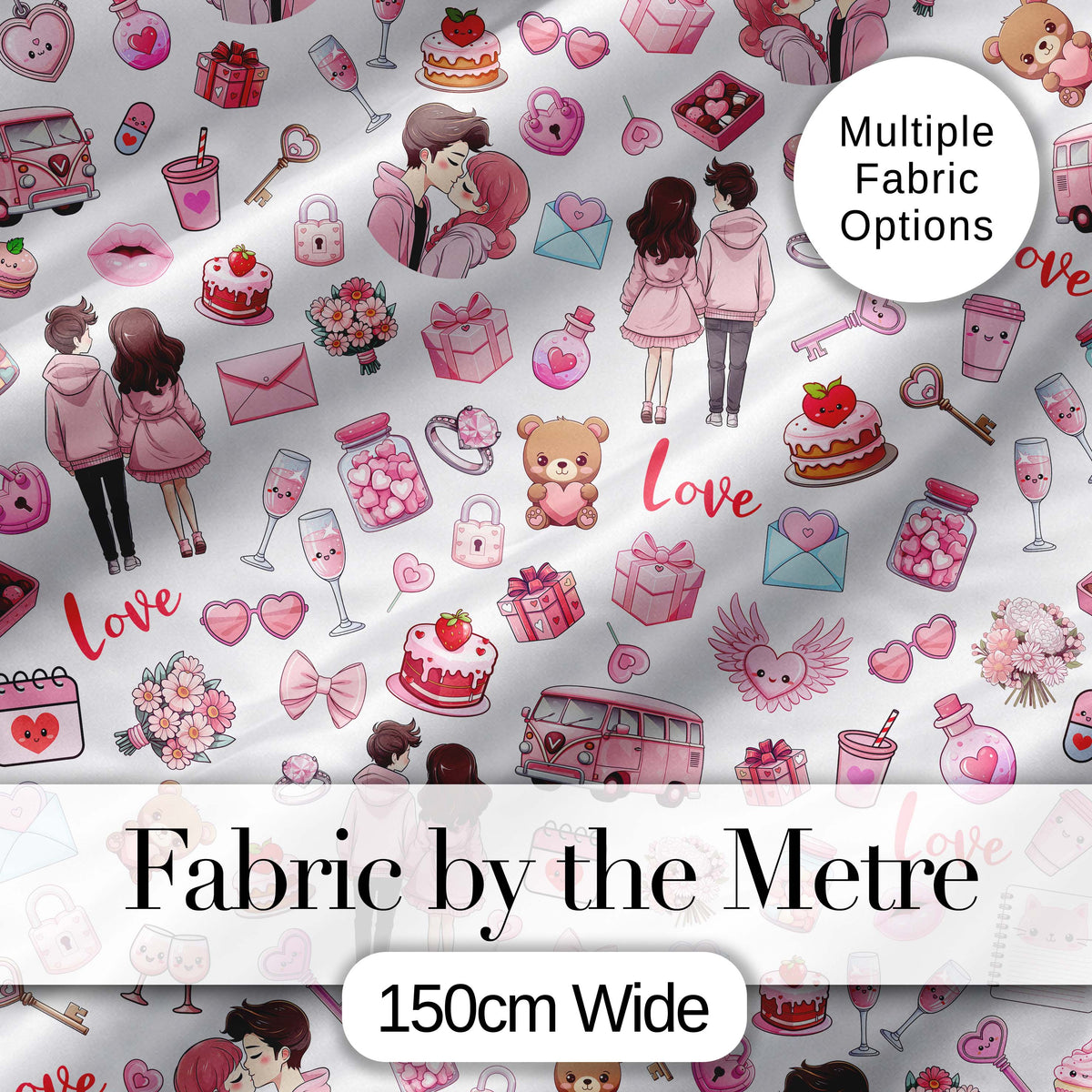 Cute Love Couple Gifts Cakes Teddy Bear Pattern Light Grey Background Digital Print Fabric by the Metre UK Sewing Quilting Textile