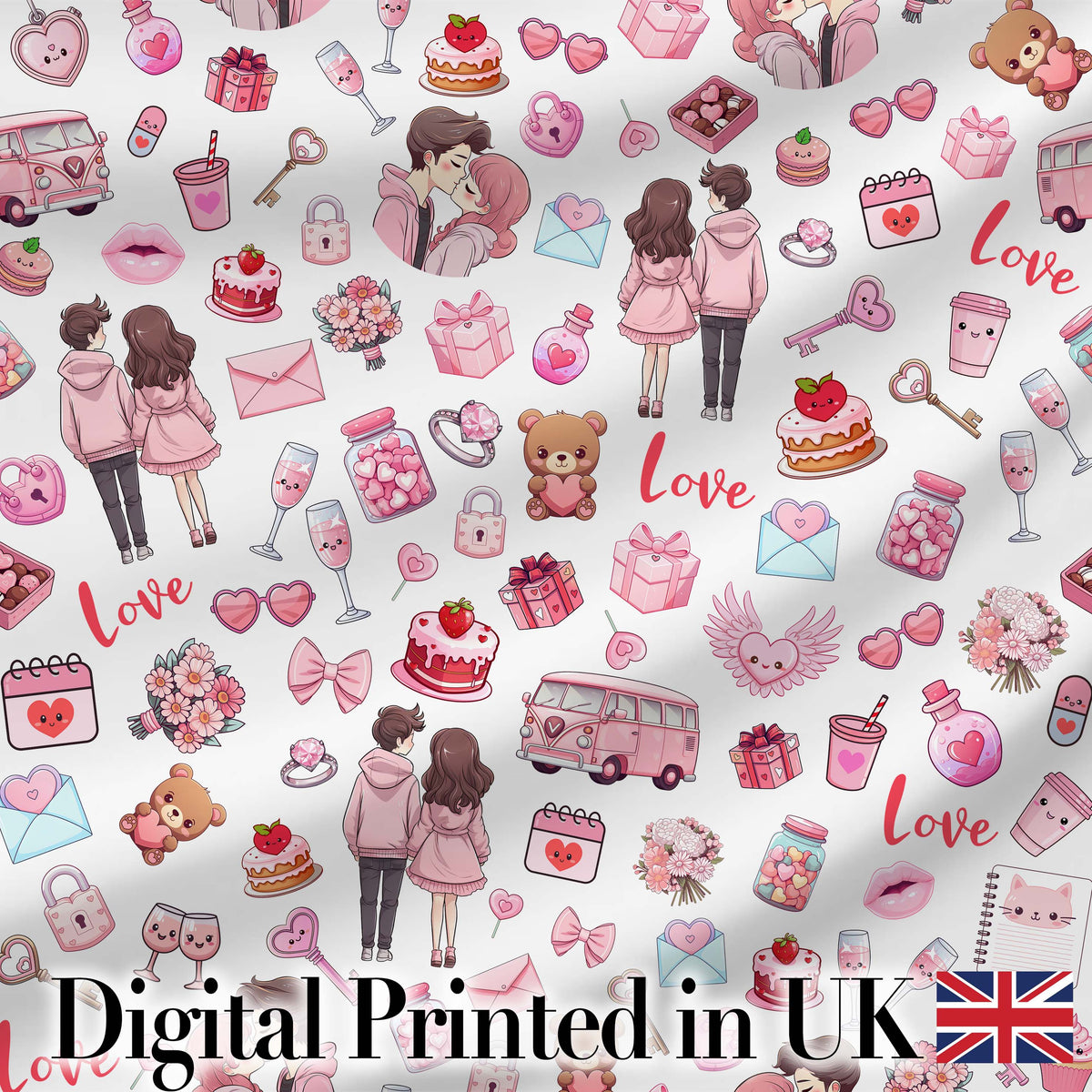Cute Love Couple Gifts Cakes Teddy Bear Pattern Light Grey Background Digital Print Fabric by the Metre UK Sewing Quilting Textile