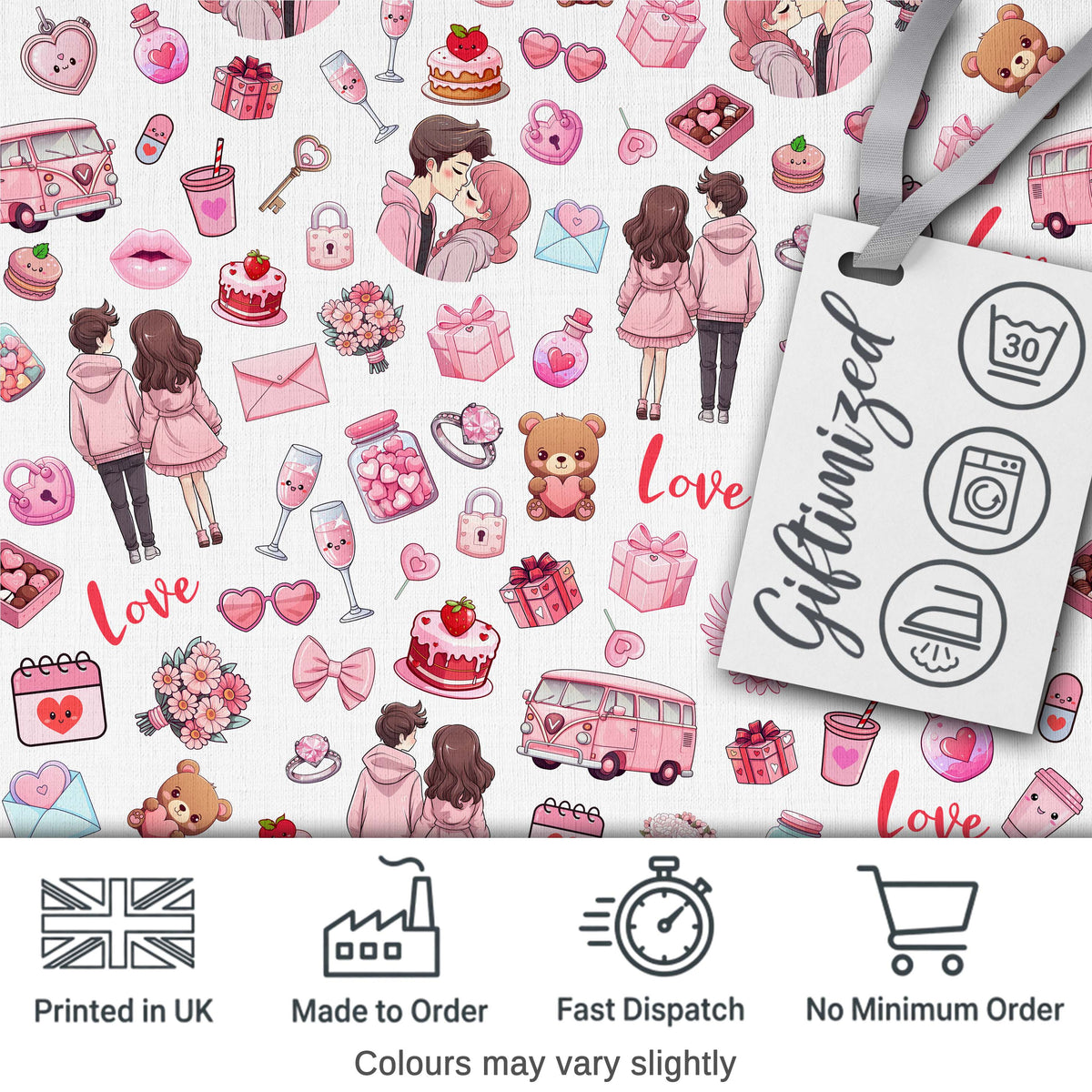 Cute Love Couple Gifts Cakes Teddy Bear Pattern Light Grey Background Digital Print Fabric by the Metre UK Sewing Quilting Textile