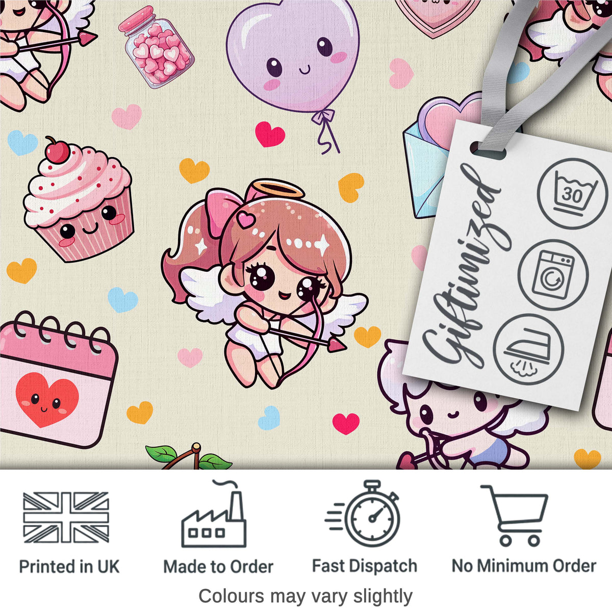 Cute Cupid Angels Hearts Sweets Balloon Love Elements Pattern Beige Background Digital Print Fabric by the Metre UK Sewing Quilting Textile