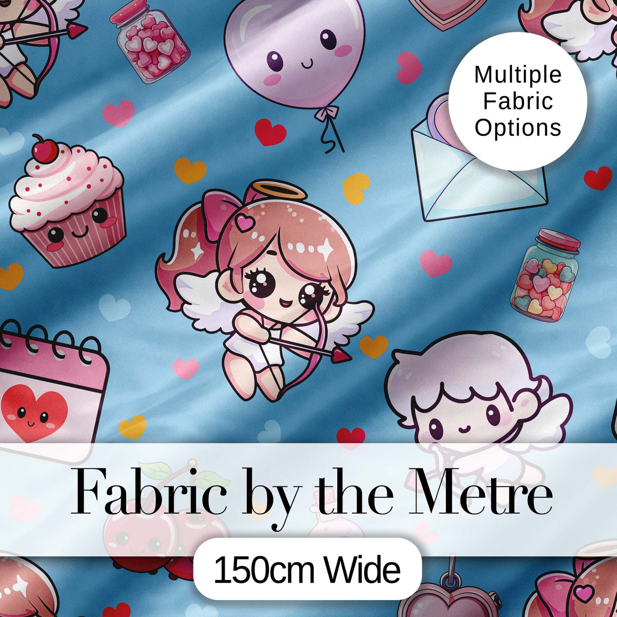 Cute Cupid Angels Hearts Sweets Balloon Love Elements Pattern Blue Background Digital Print Fabric by the Metre UK Sewing Quilting Textile