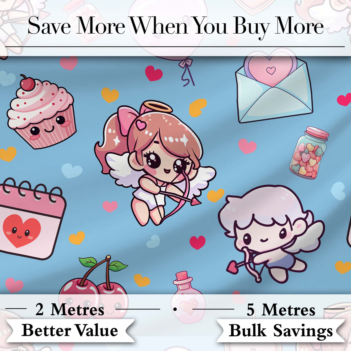 Cute Cupid Angels Hearts Sweets Balloon Love Elements Pattern Blue Background Digital Print Fabric by the Metre UK Sewing Quilting Textile