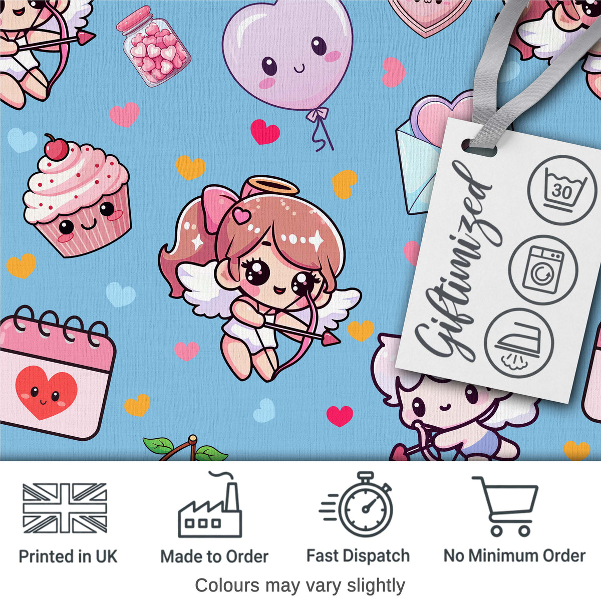 Cute Cupid Angels Hearts Sweets Balloon Love Elements Pattern Blue Background Digital Print Fabric by the Metre UK Sewing Quilting Textile